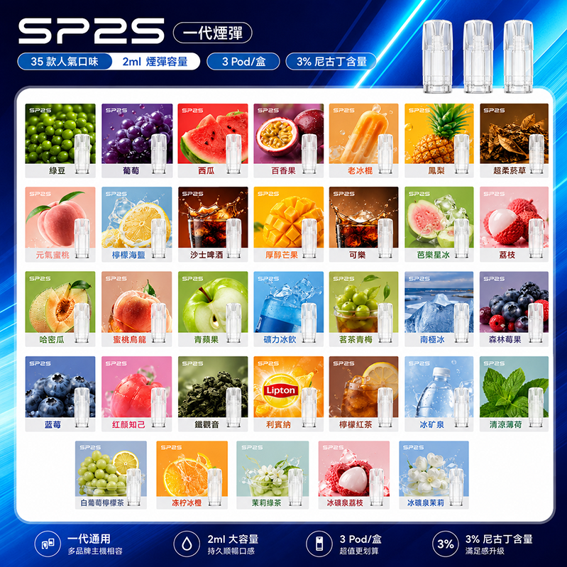 SP2S 一代煙彈｜2ml*3Pod｜3%濃度｜33款口味